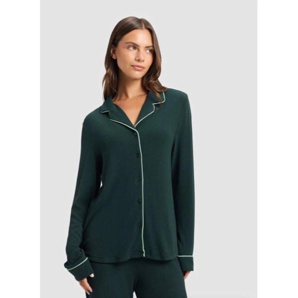 Cozy Earth Women's Bamboo Rib Knit‎ Classic Long Sleeve PJ Top Large In Spruce